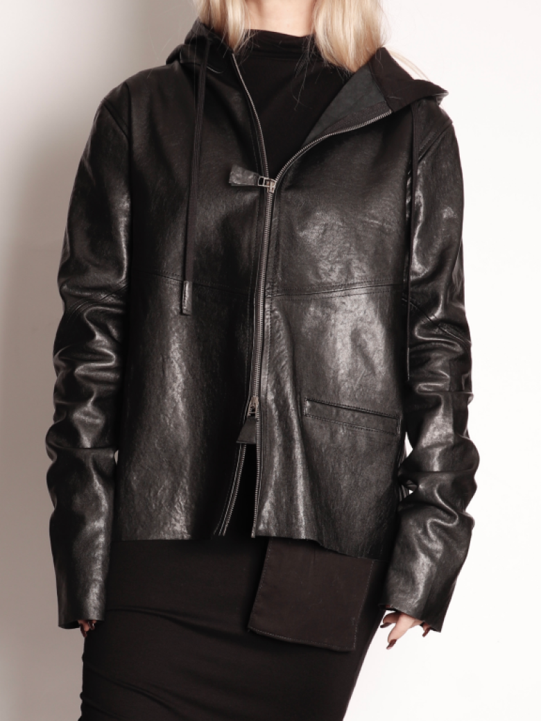 Sort Aarhus - Leather jacket with hoodie and zipper