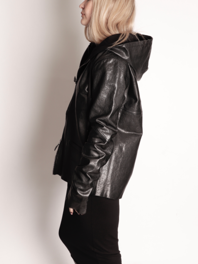 Sort Aarhus - Leather jacket with hoodie and zipper